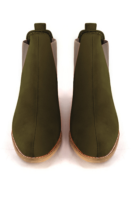 Khaki green and bronze beige women's ankle boots, with elastics. Round toe. Low leather soles. Top view - Florence KOOIJMAN